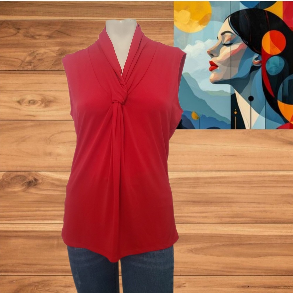 Carmen Marc Valvo Red Sleeveless Blouse Twist Front Draped Neckline Sz M V- Neck
